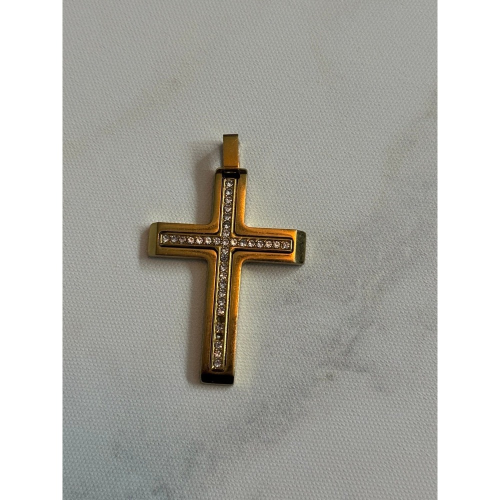 Gold Tone Rhinestone Cross Pendant Double Layer Religious Charm
